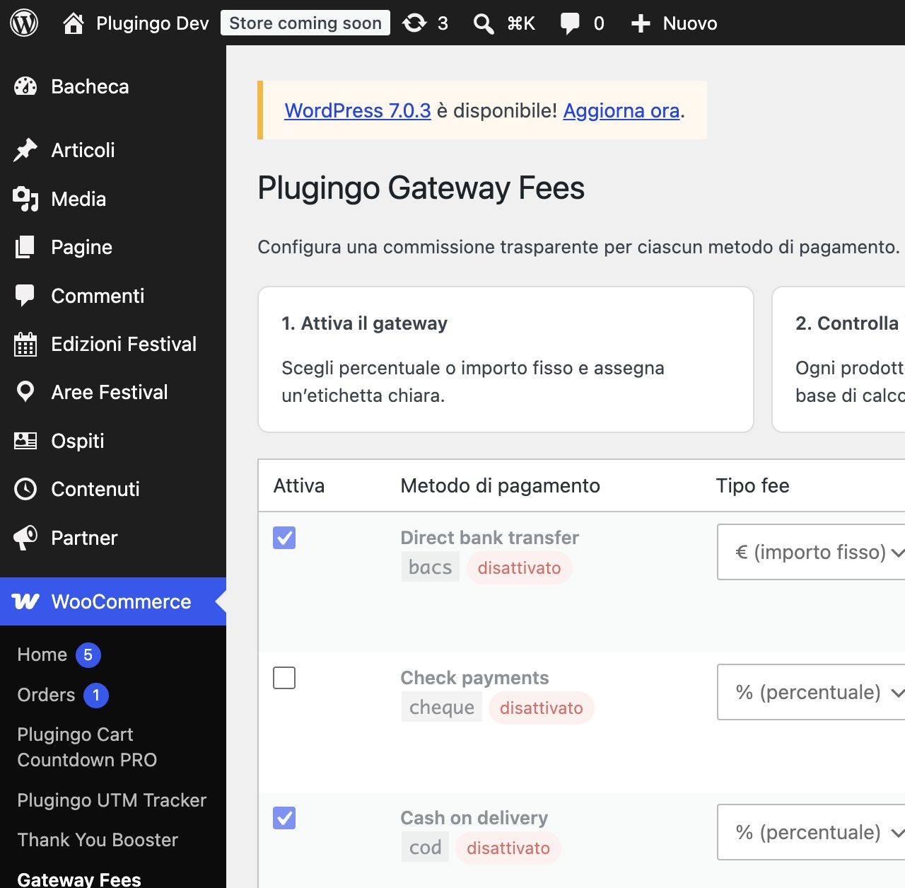 Plugingo Gateway Fees: pannello commissioni per gateway