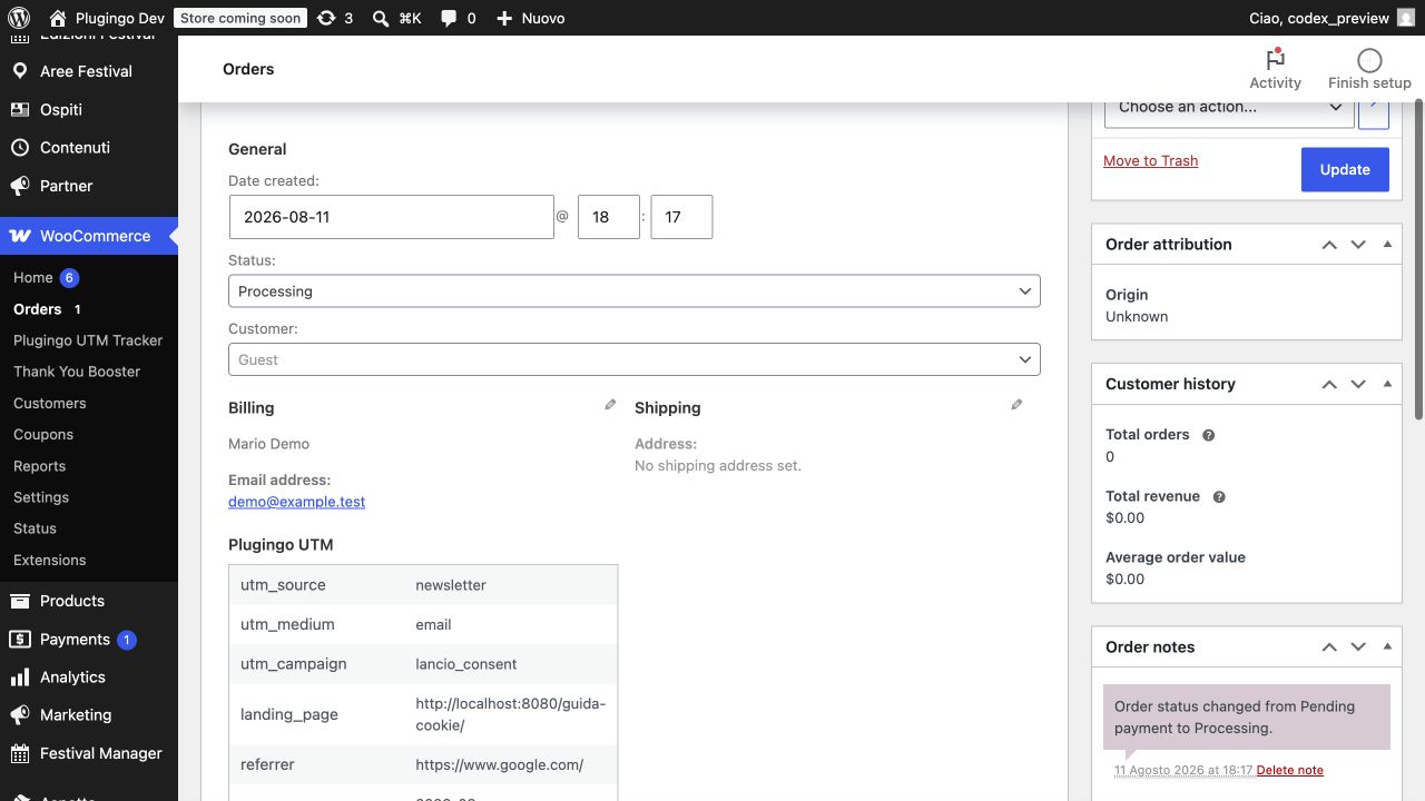 Dati UTM salvati in un ordine WooCommerce da PGO Simple UTM Tracker