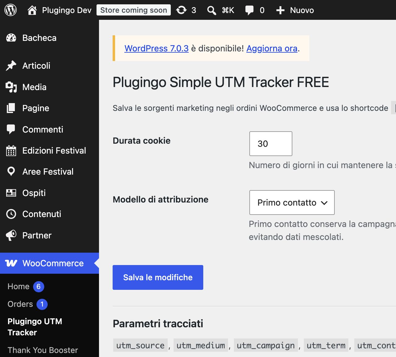 Impostazioni di PGO Simple UTM Tracker per consenso, durata cookie e modello di attribuzione