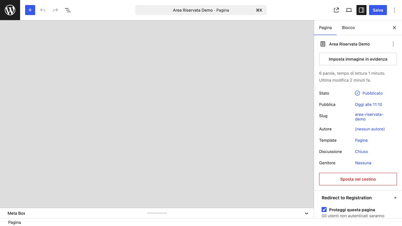 Selettore Proteggi questa pagina nell editor WordPress