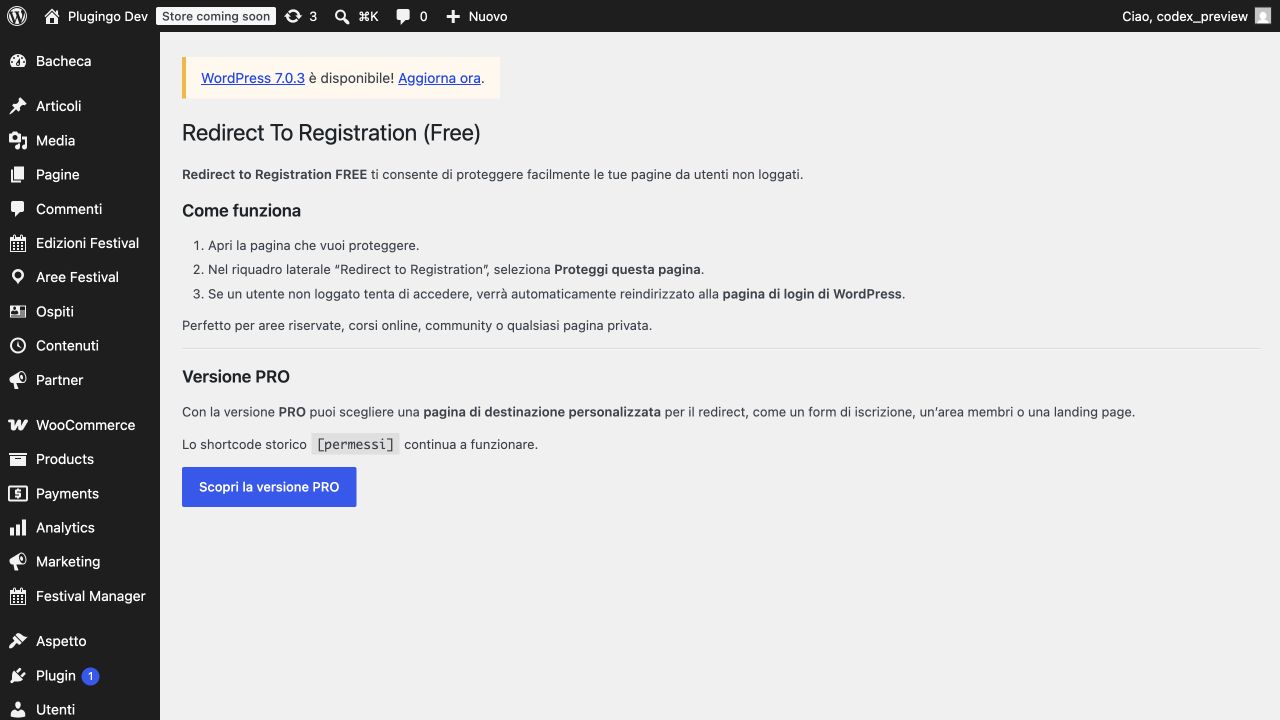 Guida operativa di Redirect to Registration FREE nel pannello WordPress